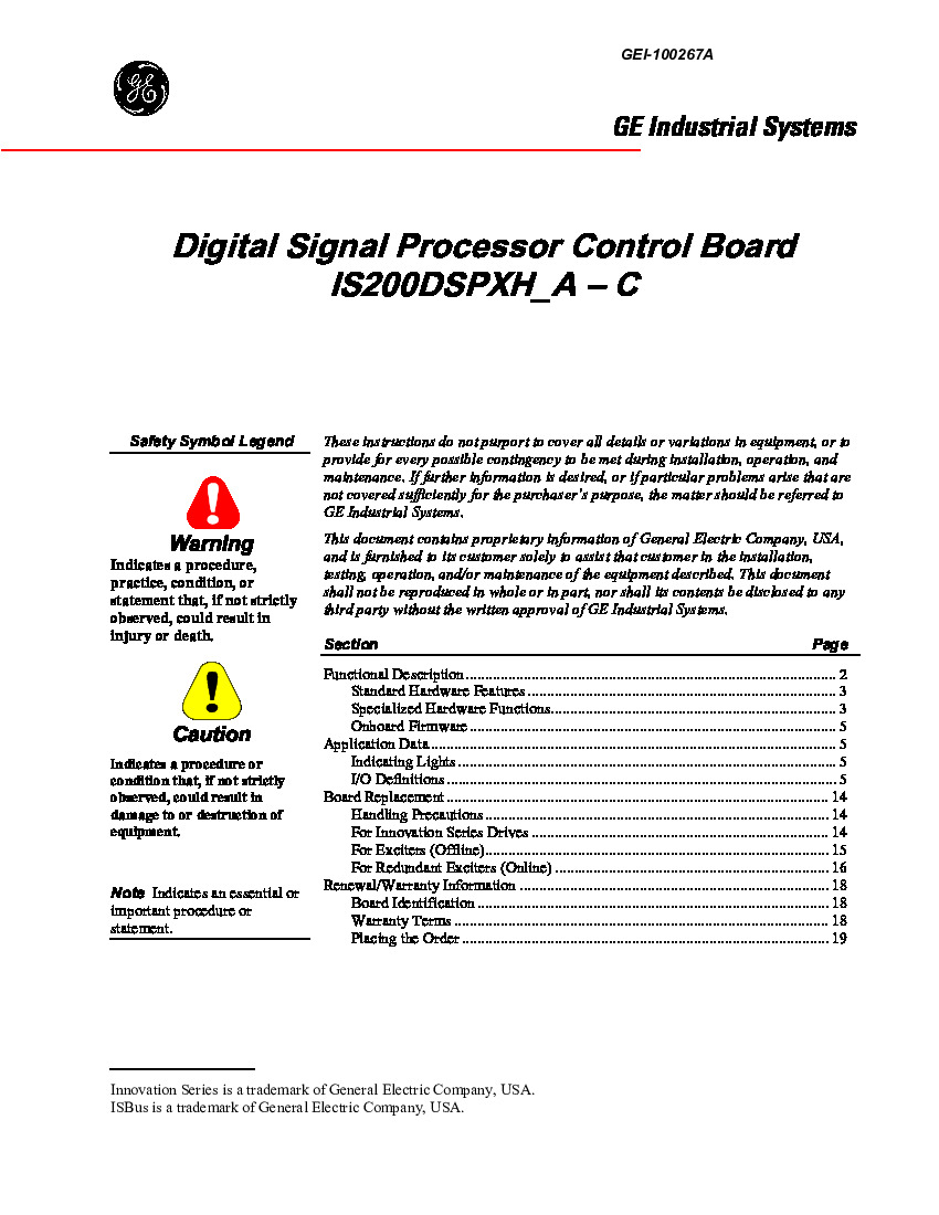 First Page Image of General Electric EX2100 GEI-100267A Digital Signal Processor Control Board IS200DSPXH1A.pdf